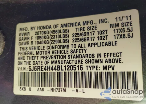 2011 Honda Cr-V Se from USA, damaged, VIN 5J6RE4H44BL120516